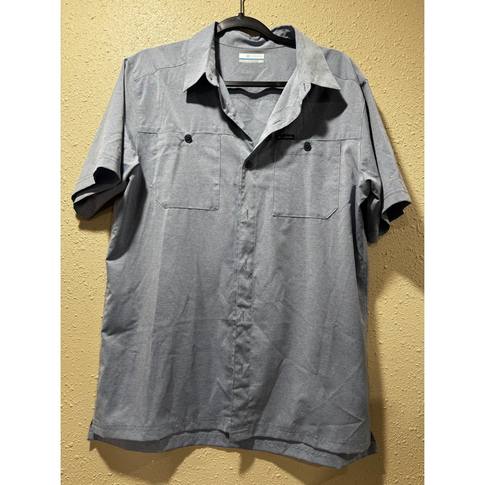 Columbia Mens Short Sleeve Button Down Shirt Blue Heathered Hiking Fishing Med